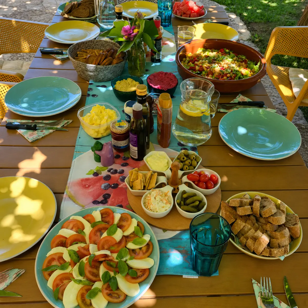 A shared lunch table laid out in the garden of the retreat house