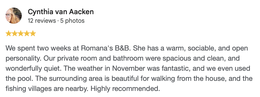 Google review from Cynthia van Aacken
